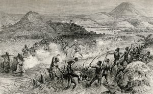 亨利莫顿斯坦利爵士首次与Mazamboni人相遇，1890年（木版画） 作者 爱德华·里奥（Edouard Riou）