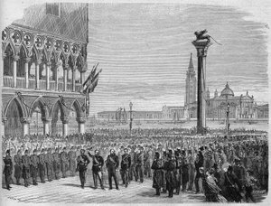 意大利国王维克多-伊曼纽尔二世（Victor Emmanuel）（Vittorio Emanuele）在威尼斯的圣马克广场。奥地利人在萨多瓦被打败后，威尼斯于1866年重新回到意大利王国的怀抱。根据Crepon和Riou的画作雕刻的。在" 作者 爱德华·里奥（Edouard Riou）