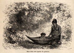 孩子在棕榈叶中沐浴。 由 Riou 绘制，用于说明从太平洋到大西洋的航程 作者 爱德华·里奥（Edouard Riou）