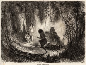 秘鲁科尼博（Conibo）印第安人烧制陶器的情景，一位老妇人在火边唱歌跳舞，以防止邪灵来触碰和打碎陶器，这是里欧为说明1848年至1860年的航行而绘制的。 作者 爱德华·里奥（Edouard Riou）
