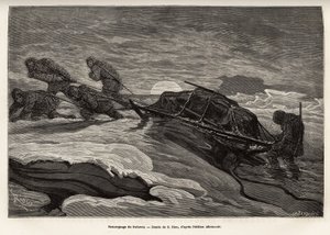 The crew of the ship La Germania, descended on the ice for a hunting game, proceeded to tow their sleigh on the ice, as the sun sets, engraving after the drawing of E.Riou, illustrating a voyage to the North Pole in 1869-1870 by the captain of the ship La  作者 爱德华·里奥（Edouard Riou）
