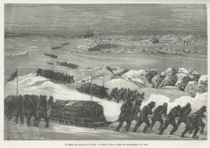 警报雪橇的出发，极地探险队的船，Riou画的，用来说明1875-1876年G.S.Nares船长的极地海洋航行的故事。世界之旅》中的雕刻 作者 爱德华·里奥（Edouard Riou）