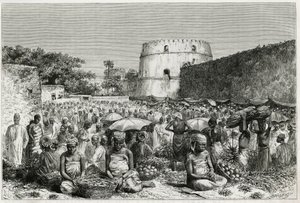 桑给巴尔（坦桑尼亚）的水果市场。 由 Riou 雕刻，以说明故事“Benadir、Omalis 和 Bayoun 之旅”，1882-1883 年，M.G.Revoil。 发表于 Le Tour du monde, nouveau journal des voyages 作者 爱德华·里奥（Edouard Riou）
