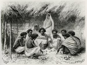 The game of the cup, or game of the fly, in front of each player his bet, here an egg plant in the sand, then all wait in silence for a fly to land on an egg and draw the winner who wins all bets, in somali (or somalis). Engraving by Riou, to illustrate th 作者 爱德华·里奥（Edouard Riou）
