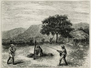 The manufacture of the cabuya, string of Fourcroya, near Cartago (Colombia), engraving by Riou, to illustrate the story of Equinoxiale America by E.Andre, mission assignment by the French government, published in the tour du monde, under the direction of E 作者 爱德华·里奥（Edouard Riou）