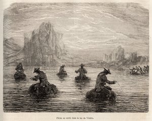 在 Cailloma 村附近的 Villafro 湖上捕鱼（鲶鱼种类的小棕色鱼），印度人在草包上的 caliphourchon 吸引鱼和肉小村庄，由 E.Riou 雕刻，描绘了在山上的旅程， 作者 爱德华·里奥（Edouard Riou）