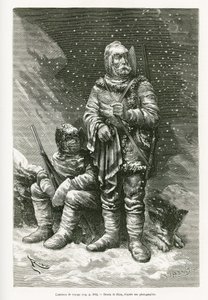 Payer 中尉和 Weyprecht 中尉的旅行套装，几层厚度的抗暴雪衣服，一件可伸缩的皮夹克，以保护面部免受霜冻，靴子和手套由面纱和法兰绒制成，还有厚重的眼镜。 雕刻 af 作者 爱德华·里奥（Edouard Riou）