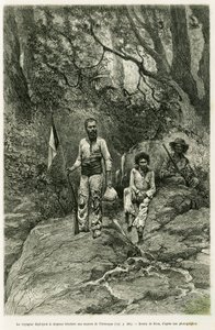旅行者将三色旗部署到奥雷诺克的源头。 由 Riou 雕刻，说明奥雷诺克航海的故事，1886 年至 1887 年，由让·查凡容（Jean Chaffanjon），公共教育部委派，在世界之旅 1 中 作者 爱德华·里奥（Edouard Riou）