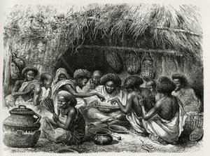 Toilet of the coffee, the woman has the fan activates the fire that heats the coffee beans, once rissoles in the fat, the coffee is poured with oil into a large dish and circulates among the somalis guests, each anointed with a drop of oil on the ears, the 作者 爱德华·里奥（Edouard Riou）