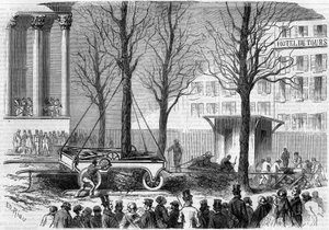 1858年冬天在巴黎交易所广场的树木移植。1858年2月27日《世界画报》第46期上的Riou的版画。 作者 爱德华·里奥（Edouard Riou）