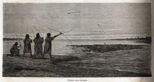 秘鲁印第安人的科尼博人中的猎龟活动，由Riou绘制，用于说明P. Marcoy从1848年到1860年从太平洋到大西洋的航行。雕刻在《世界之旅》中，由Edouard Charton编辑。 作者 爱德华·里奥（Edouard Riou）