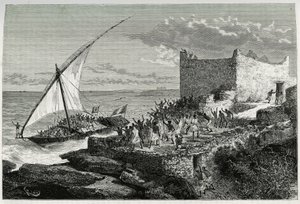 With the dung of travelers entering the harbour of Moguedouchou (Mogadishu), sailors make a huge racket to attract the people who welcome them with shouts of enthusiasm. Engraving by Riou, to illustrate the story “” Voyage chez les Benadir, les somalis et  作者 爱德华·里奥（Edouard Riou）