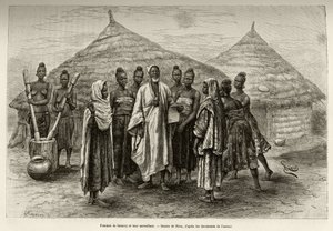 萨莫里-图雷（Samory Toure，约1835-1898年）的妇女和他们的主管桑宁克（Sonninke），他知道如何阅读和书写阿拉伯语，从他手中的纸可以看出。里欧的雕刻作品，为 "从尼日尔到海湾 "的故事作插图 作者 爱德华·里奥（Edouard Riou）