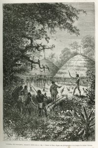 Yacouman，Roucouyenne 酋长，Oyapock 河畔圭亚那部落，追逐魔鬼，他在孩子出生后穿过村庄，用羽毛刷洒上乳白色的液体，在 Riou 的一幅画后雕刻，以说明 这 作者 爱德华·里奥（Edouard Riou）