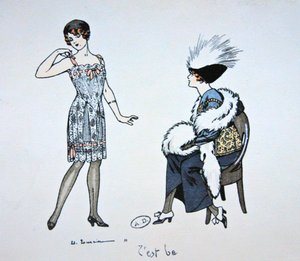 向客户展示纸条的人体模型，约1912年（彩色平版印刷）。