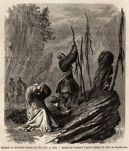 蒙古人在巴卡山脉和蒙古山脉附近献身于敖包，由沃莫特（？-1886 年）绘制，以说明法国驻华公使德波布隆先生从 1859 年到 1862 年从上海到莫斯科的旅程。 雕刻在“Le tour du monde”中，编辑