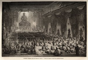 Religious ceremony in a Chinese lamasserie, drawing by Vaumort (? -1886), to illustrate the journey from Shanghai to Moscow, from 1859 to 1862, of M. de Bourboulon, French minister to China. Engraving in “” Le tour du monde””, edited by Edouard Charton 作者 Edouard Vaumort