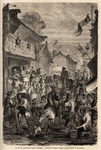 The street of clothing dealers, Kalgan, Mongolia. Drawing by Vaumort (? -1886), to illustrate the journey from Shanghai to Moscow, from 1859 to 1862, of M. de Bourboulon, French minister to China. Engraving in “” Le tour du monde””, edited by Edouard Chart