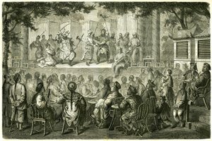 View of a representation of the Opera de Pekin (Beijing), China, after the travel story of Madame de Bourboulon. Engraving after a drawing by Vaumort, in “” Le Tour du Monde, Nouveau journal des Voyages””, edited by Edouard Charton, Paris