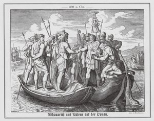 罗马皇帝瓦伦斯和西哥特国王阿塔纳里克在多瑙河畔的会面，369 年（雕刻）