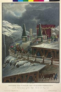 皇帝费迪南德一世于 1838 年 8 月 22 日与蒂罗尔人告别。1838年8月（彩色石版画） 作者 爱德华·古克