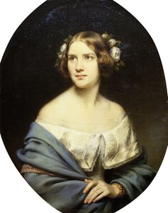 珍妮·林德（Jenny Lind）的肖像，身穿白色礼服和浅蓝色披肩的身高一半