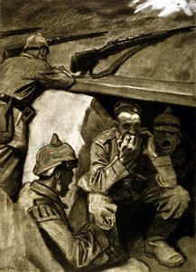战壕中的口风琴》，德国杂志《Simplicissimus》插图，约 1915 年（平版）。 作者 爱德华·托尼