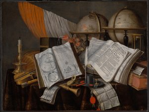 带国旗、烛台、乐器、书籍、书写用具、地球仪和沙漏的梵尼塔斯静物画 作者 埃德华特·科利尔