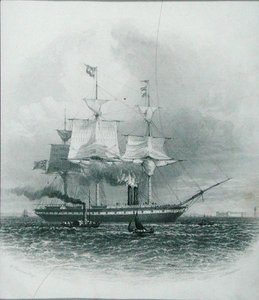 利物浦--1853年离开港口的 "大不列颠号"，出自查尔斯-汤姆林森编辑的《实用艺术与制造业百科全书》，由J.布拉德肖雕刻，约1880年代（雕刻）。