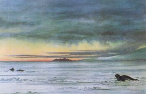 1947年，在柯林斯出版的“英国冒险”中向北看麦克默多海峡 作者 爱德华·阿德里安·威尔逊