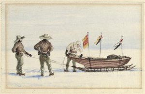 1902年2月，前往白岛的雪橇派对：沙克尔顿，威尔逊和费拉尔准备出发，1902年 作者 爱德华·阿德里安·威尔逊