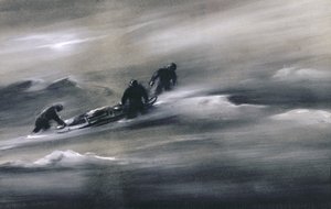 三个人在雪地里有雪橇，1910-12