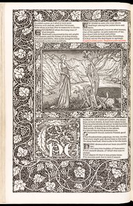 杰弗里-乔叟的《杰弗里-乔叟作品》（The Works of Geoffrey Chaucer Now Newly Imprinted），由凯尔姆斯科特出版社于1896年出版（木刻）。 作者 爱德华·伯恩·琼斯