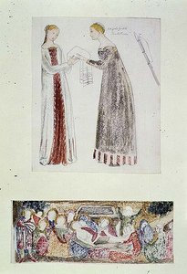 No.1084-f.10 (TtoB) 两个女仆，来自佛罗伦萨Rinuccini教堂的Giovanni da Milano的《玛丽的诞生》副本；《哀歌》（水彩，铅笔） 作者 爱德华·科利·伯恩-琼斯