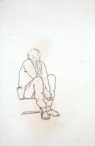 艺术家的自画像，坐着，双手放在膝盖之间，来自画册（纸上铅笔）。 作者 爱德华·科利·伯恩-琼斯