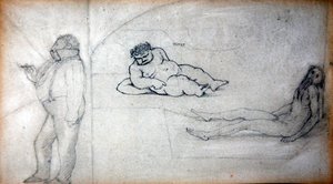 威廉-莫里斯和艺术家在蒸汽浴中，约1890年（纸上铅笔）。