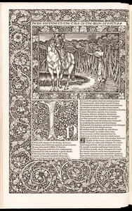 杰弗里-乔叟的《杰弗里-乔叟作品》（The Works of Geoffrey Chaucer Now Newly Imprinted），由凯尔姆斯科特出版社于1896年出版（木刻）。 作者 爱德华·伯恩·琼斯