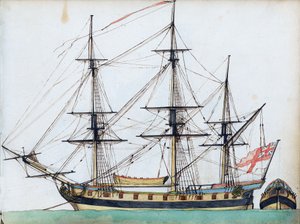 英国 20 门火炮船，展示索具和船艇，以及船尾的单独视图，约 1780 年（水彩、钢笔和墨水） 作者 爱德华·格温