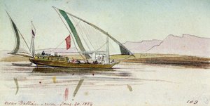 巴拉斯（埃及）附近尼罗河上的 gyassi（埃及船）研究。彩色水彩画 作者 爱德华·李尔