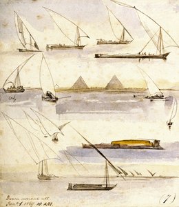 研究各种埃及船只（Dahabeeyahs 和 Gyassis），页面中间是吉萨（开罗）金字塔前的场景 作者 爱德华·李尔