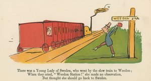 瑞典的一位年轻女士乘坐慢速列车前往Weedon，来自伦敦Frederick Warne and Co.出版的“A Book of Nonsense”，1875年