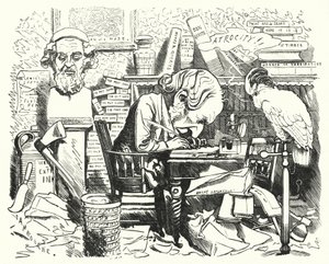 打孔卡通：作家在他的书房工作（雕刻）