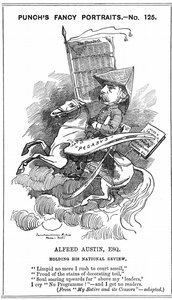 阿尔弗雷德-奥斯汀（1835-1913）1896年起担任英国桂冠诗人。1883年3月3日，当奥斯汀成为《国家评论》的编辑时，爱德华-林利-桑伯恩（1844-1910）在伦敦《Punch》杂志的花式肖像系列中创作的漫画。雕刻。 作者 爱德华·林利·桑伯恩