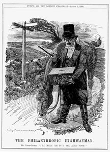 David Lloyd George (1863-1945) Welsh-born British Liberal statesman. In 1908, as Chancellor of the Exchequer, Lloyd George introduced his Old Age Pensions Act. Cartoon by Edward Linley Sambourne from Punch, London, August 1908. 作者 爱德华·林利·桑伯恩