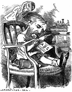 Evelyn Ashley (1836-1907) English author and Liberal politician: son of 7th Earl of Shaftesbury. Cartoon by Edward Linley Sambourne in the Fancy Portraits series from Punch London April 1881 when Ashley was under-secretary at the Board of Trade . 作者 爱德华·林利·桑伯恩