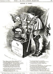 Keeping It Down. Otto von Bismarck (1815-1898) Germany Chancellor, trying to force the Jack of Socialism back in his box. The captions tells him that every act of repression acts an elixir to the human wish for more freedom. Cartoon by Edward Linley Sambou 作者 爱德华·林利·桑伯恩