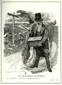 1908年8月5日，&39;Punch&39;杂志上的&39;慈善公路员&39;，劳埃德乔治与老年养老基金，卡通 作者 爱德华·林利·桑伯恩