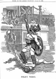 1905年12月，随着英国自由党政府的回归，自由贸易成为政策，而不是保守党的关税保护政策。爱德华-林利-桑伯恩的漫画，摘自1906年1月24日的《伦敦邮报》。 作者 爱德华·林利·桑伯恩