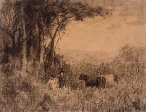 有奶牛和人物在牧场中穿梭的风景画 作者 爱德华·米切尔·班尼斯特