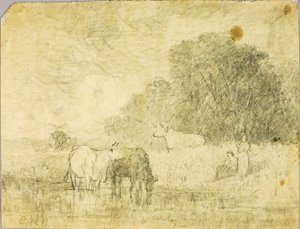 池塘边有牛的风景，两个人物 作者 爱德华·米切尔·班尼斯特